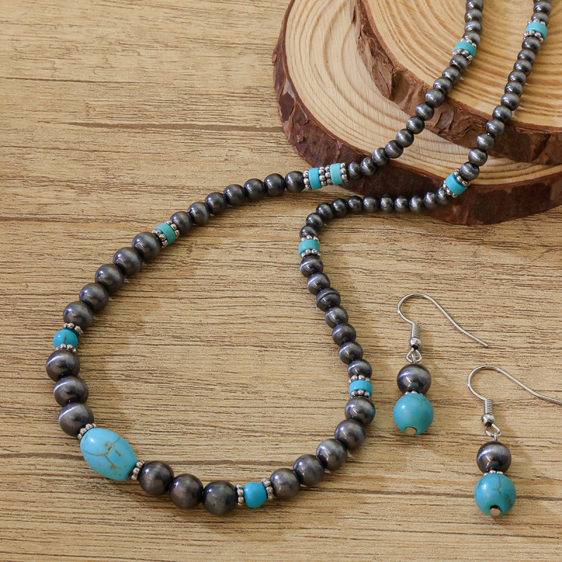 Set de bijuterii: cercei și colier, mărgele din acril, pandantiv turcoaz, lanț cu mărgele rotunde, stil etno-retro
