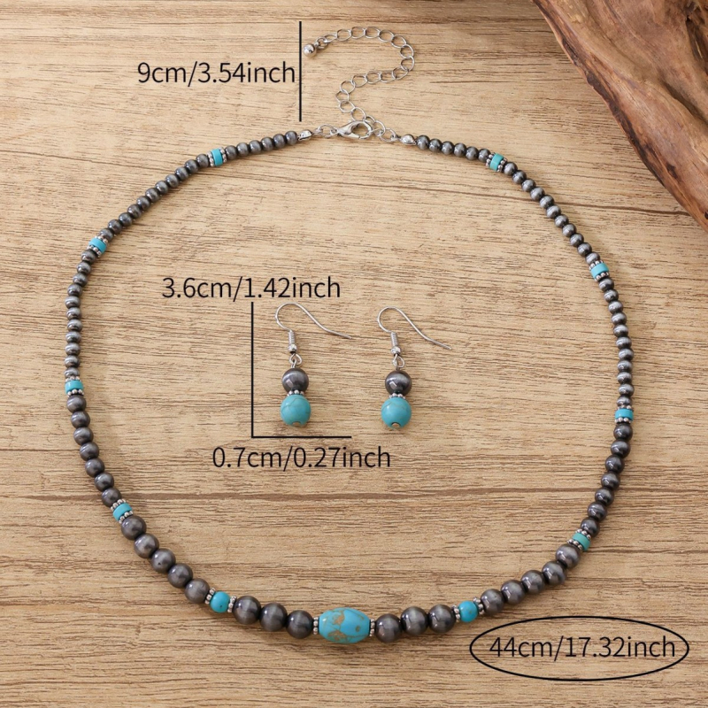 Set de bijuterii: cercei și colier, mărgele din acril, pandantiv turcoaz, lanț cu mărgele rotunde, stil etno-retro