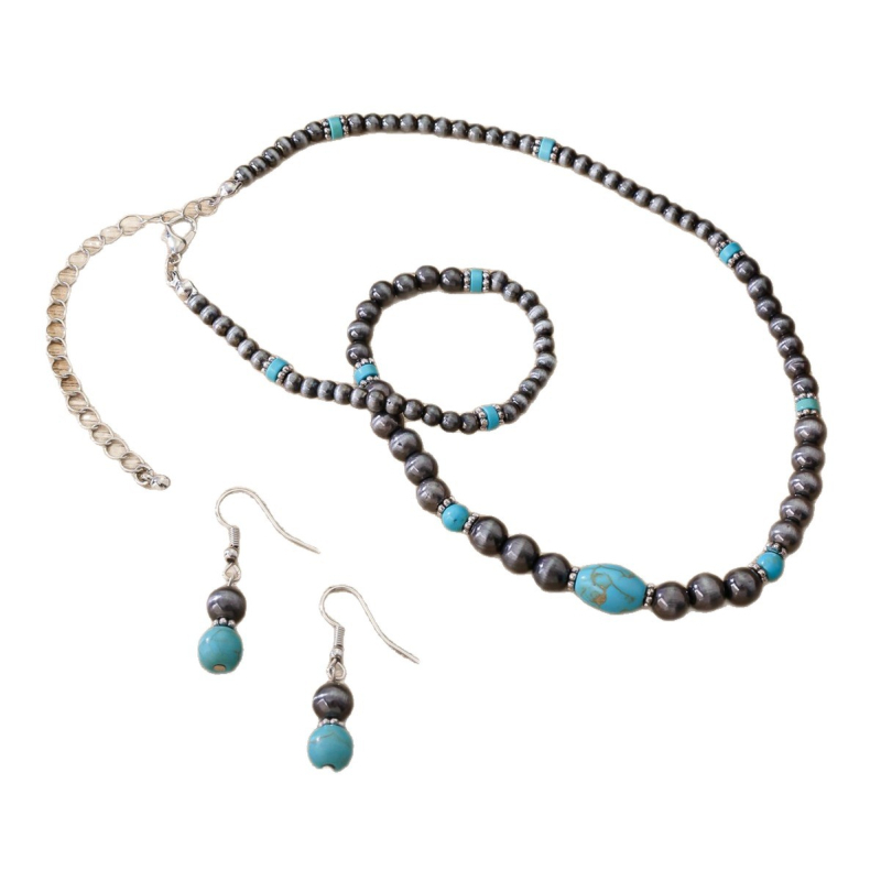 Set de bijuterii: cercei și colier, mărgele din acril, pandantiv turcoaz, lanț cu mărgele rotunde, stil etno-retro