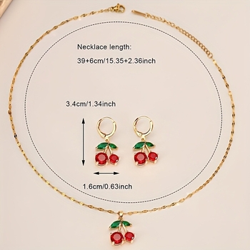 Set nakita s privjeskom trešnje: naušnice i ogrlica, glavni materijal bakar sa cirkonom, elektroplatiranje, lanac tip lip chain, privjesak od nehrđajućeg čelika