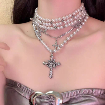 Colier multistrat cu pandantiv cruce-flori și perle, lanț din oțel de titan, unisex, stil INS