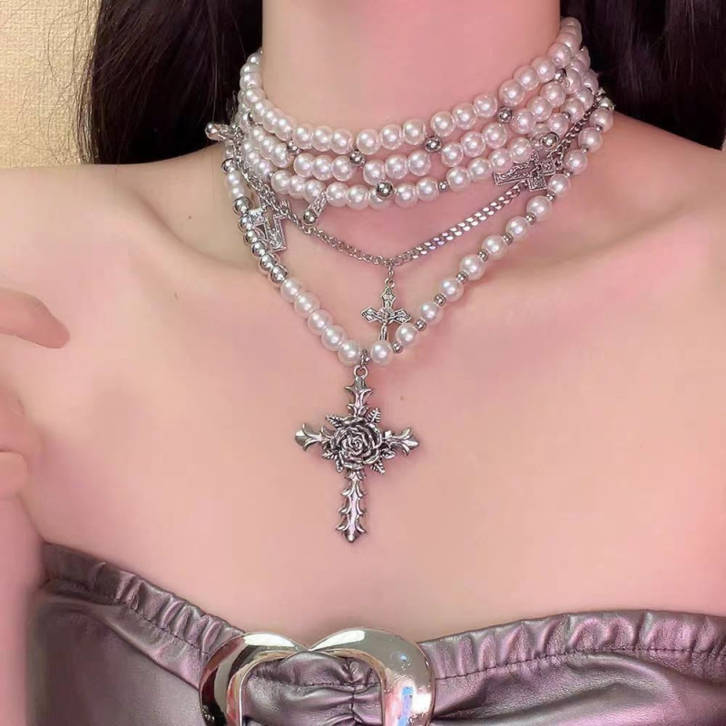 Colier multistrat cu pandantiv cruce-flori și perle, lanț din oțel de titan, unisex, stil INS