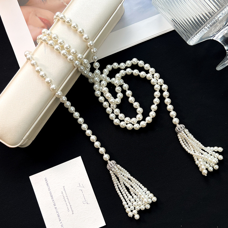 Garā vintage kaklarota ar pūdelēm un pērlēm, ģeometrisks raksts ar karogu rakstu, parasts ķēdes, pendants no sakaļķa