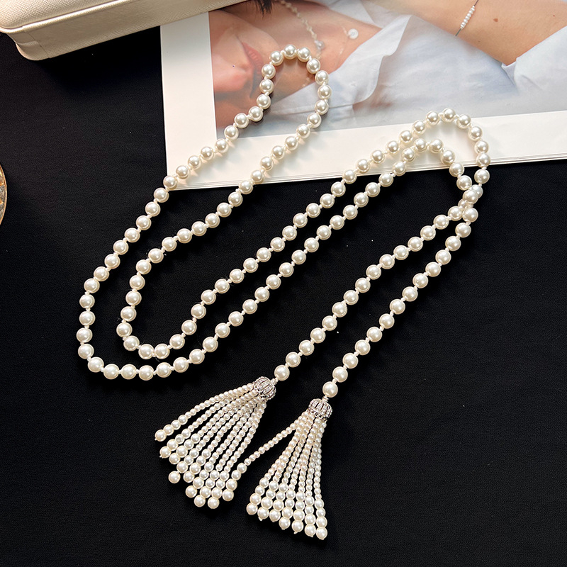 Garā vintage kaklarota ar pūdelēm un pērlēm, ģeometrisks raksts ar karogu rakstu, parasts ķēdes, pendants no sakaļķa