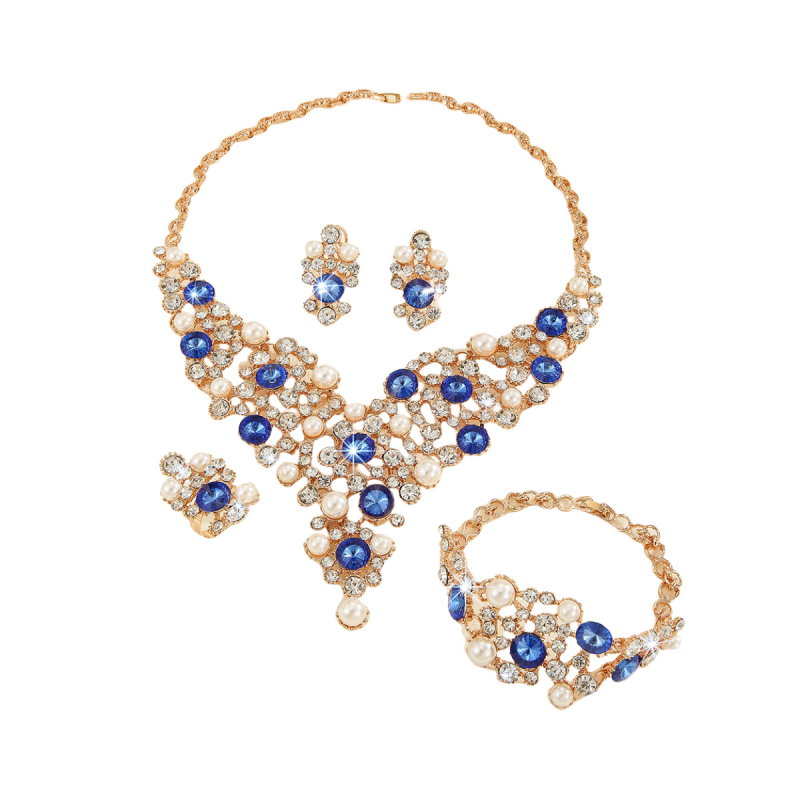 Set nakita s imitacijskim biserom od legure s šupljim dizajnom (ogrlica, naušnice, narukvica) za žene — rhinestones, cvjetni uzorak, standardni lanac