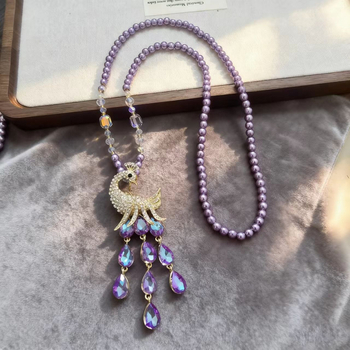 Pulovera ķēde, garš kaklarota ar pilienveida piekariņu, stikls un lazurīts, lodīšu ķēde, sieviešu vintage stils