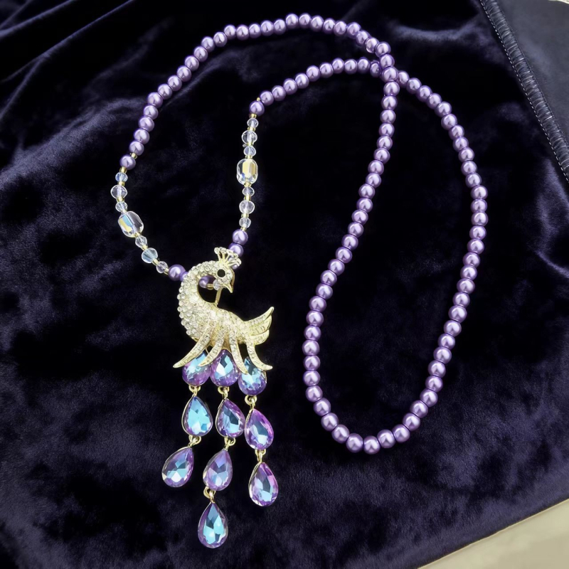 Pulovera ķēde, garš kaklarota ar pilienveida piekariņu, stikls un lazurīts, lodīšu ķēde, sieviešu vintage stils