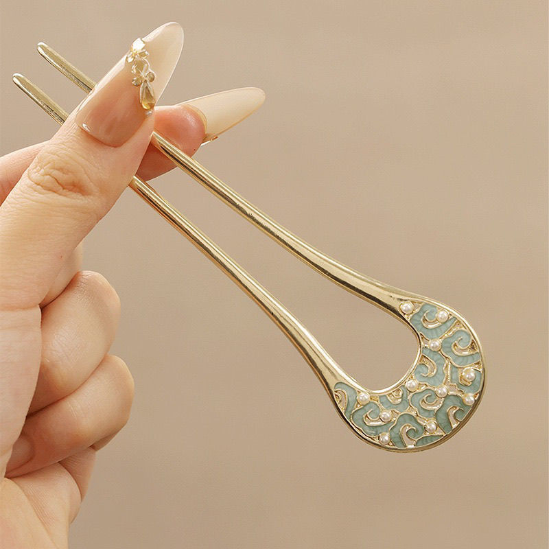 Gyöngyös hajtű U-alakú, kínai stílusú, gyerekeknek, virágos mintázat, ötvözet, tavasz 2025