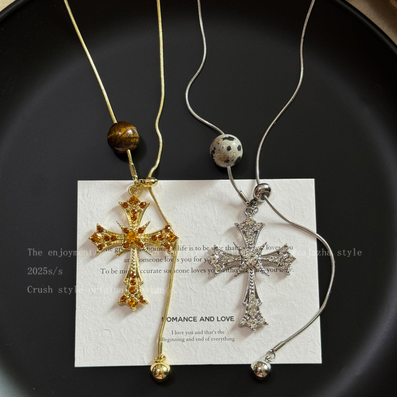 Náhrdelník s krížom a dlhým reťazcom na svetru, nastaviteľná dĺžka 71–80 cm, zliatina, hadia kosť reťaz, INS štýl