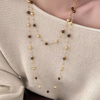 Meďný náhrdelník s guľôčkovým reťazcom a príveskom z tigrového oka, dvojvrstvový, módny štýl