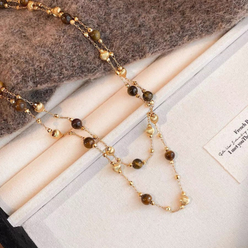 Meďný náhrdelník s guľôčkovým reťazcom a príveskom z tigrového oka, dvojvrstvový, módny štýl