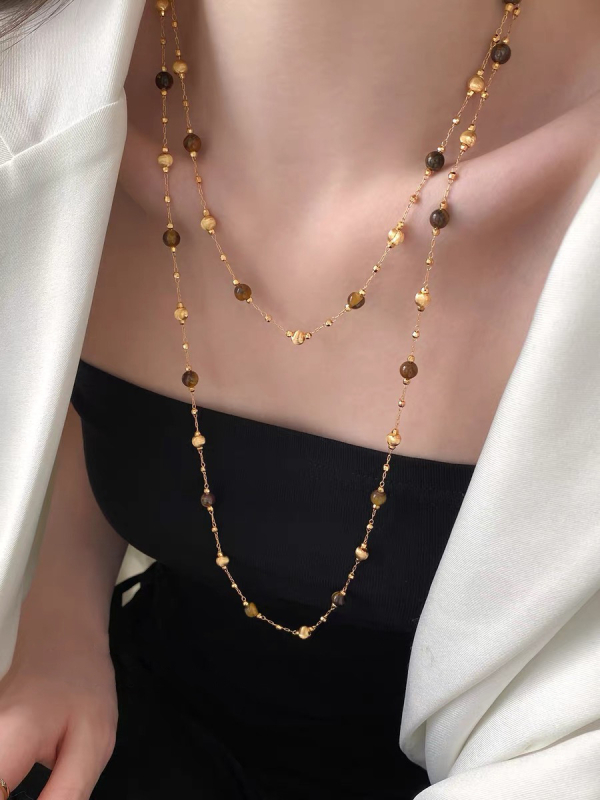 Meďný náhrdelník s guľôčkovým reťazcom a príveskom z tigrového oka, dvojvrstvový, módny štýl