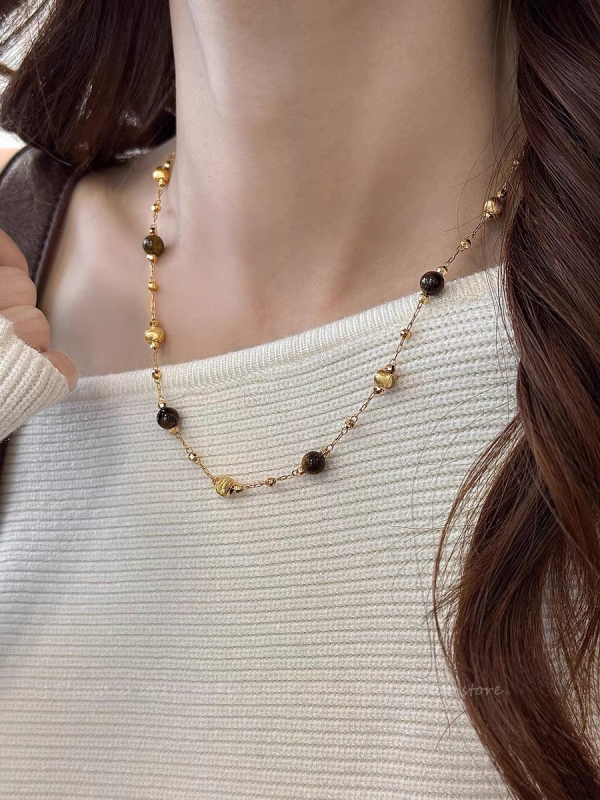 Meďný náhrdelník s guľôčkovým reťazcom a príveskom z tigrového oka, dvojvrstvový, módny štýl