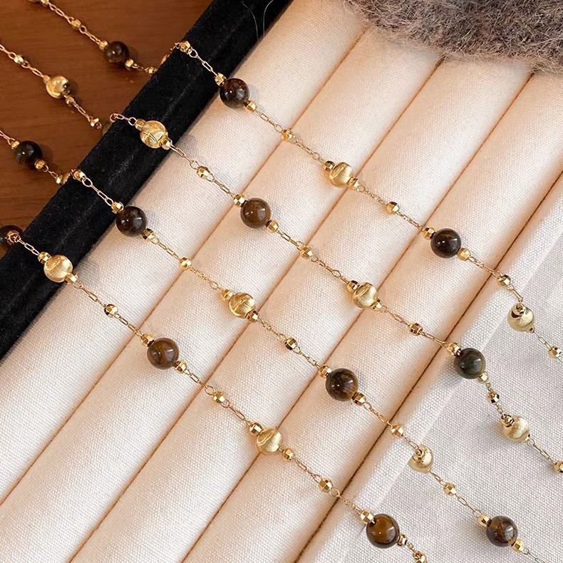 Meďný náhrdelník s guľôčkovým reťazcom a príveskom z tigrového oka, dvojvrstvový, módny štýl