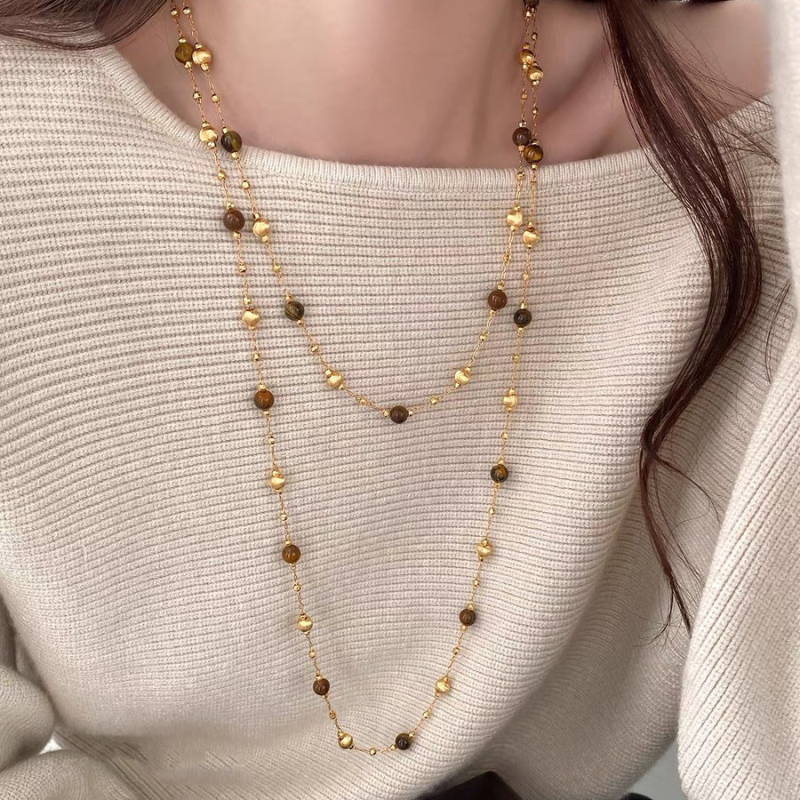 Meďný náhrdelník s guľôčkovým reťazcom a príveskom z tigrového oka, dvojvrstvový, módny štýl