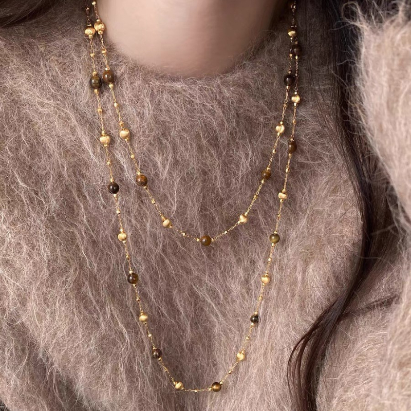 Meďný náhrdelník s guľôčkovým reťazcom a príveskom z tigrového oka, dvojvrstvový, módny štýl