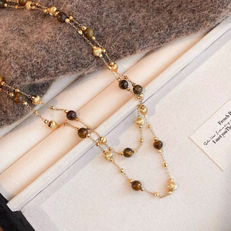 Meďný náhrdelník s guľôčkovým reťazcom a príveskom z tigrového oka, dvojvrstvový, módny štýl