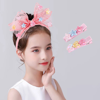 Gyerekeknek szóló hajkiegészítő készlet masnikkal, szívvel és csillaggal — kézzel készült textil fejpánt és hajcsat (Hercegnő sorozat)