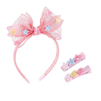 Gyerekeknek szóló hajkiegészítő készlet masnikkal, szívvel és csillaggal — kézzel készült textil fejpánt és hajcsat (Hercegnő sorozat)