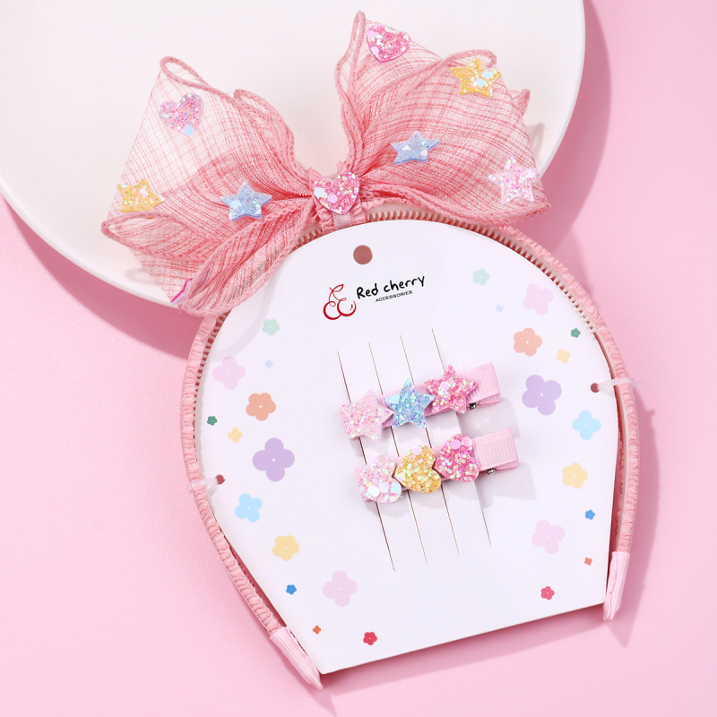 Gyerekeknek szóló hajkiegészítő készlet masnikkal, szívvel és csillaggal — kézzel készült textil fejpánt és hajcsat (Hercegnő sorozat)