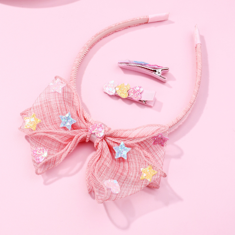 Gyerekeknek szóló hajkiegészítő készlet masnikkal, szívvel és csillaggal — kézzel készült textil fejpánt és hajcsat (Hercegnő sorozat)