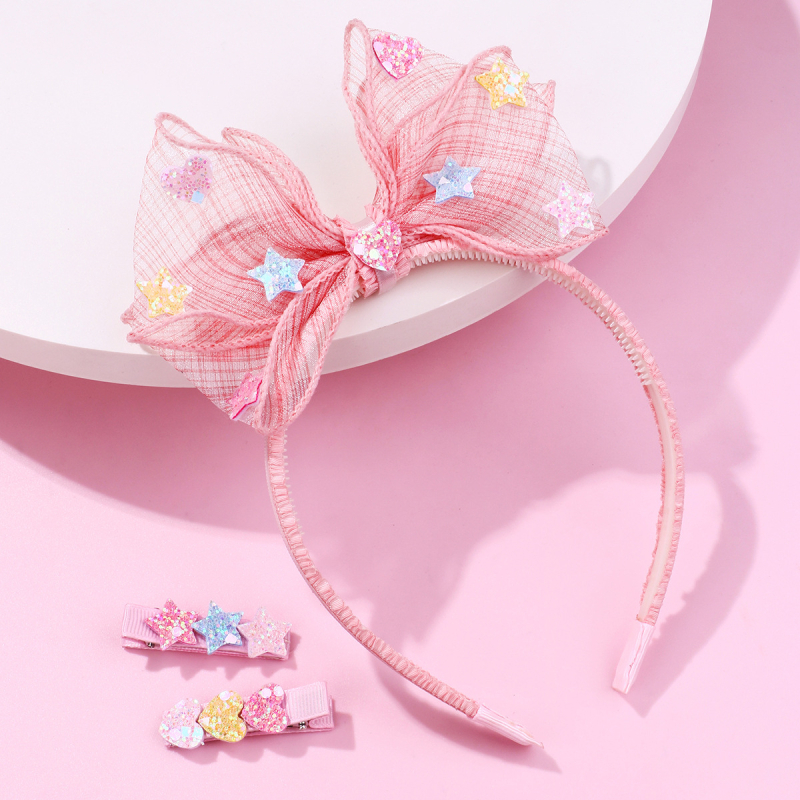 Gyerekeknek szóló hajkiegészítő készlet masnikkal, szívvel és csillaggal — kézzel készült textil fejpánt és hajcsat (Hercegnő sorozat)