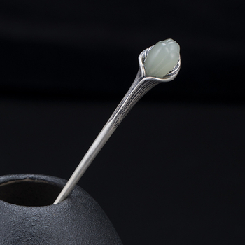 S925 srebrna ukosnica za kosu, retro stil, oblik cvijeta, motiv magnolije Hetian Jade, starinski završetak
