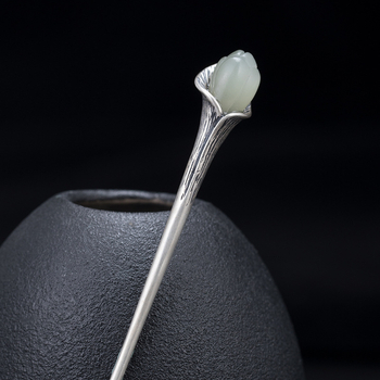 S925 srebrna ukosnica za kosu, retro stil, oblik cvijeta, motiv magnolije Hetian Jade, starinski završetak