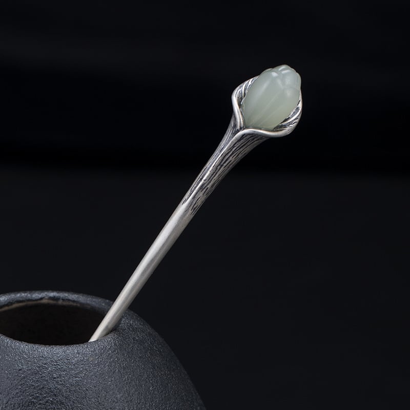 S925 srebrna ukosnica za kosu, retro stil, oblik cvijeta, motiv magnolije Hetian Jade, starinski završetak