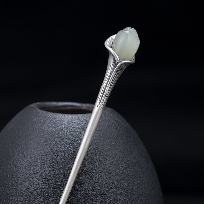 S925 srebrna ukosnica za kosu, retro stil, oblik cvijeta, motiv magnolije Hetian Jade, starinski završetak