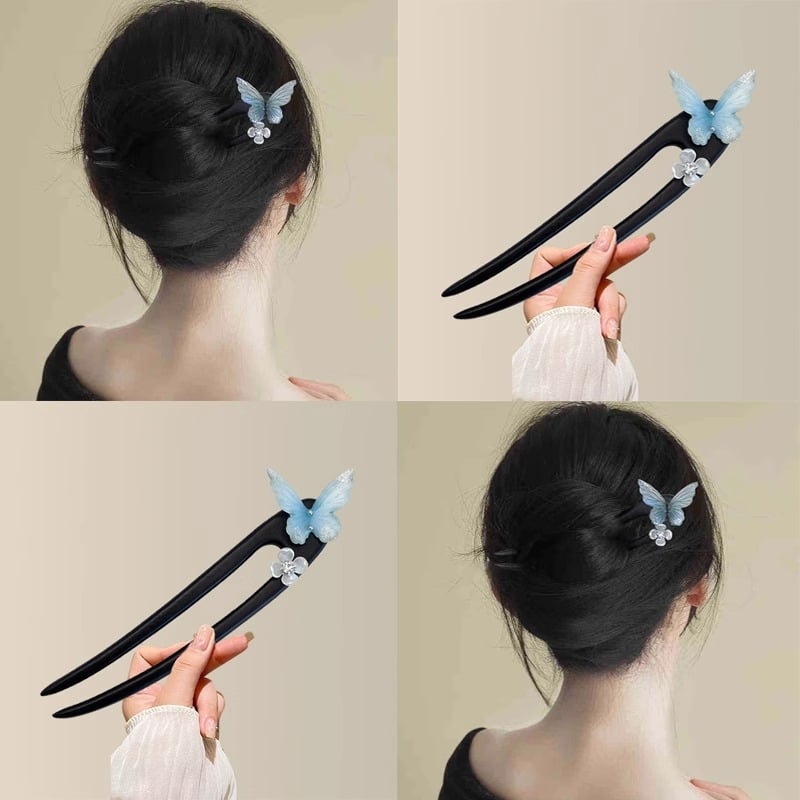 Accesorii pentru cap: agrafă de păr în formă de U, motif floare de fluture, stil retro, materiale mixte.