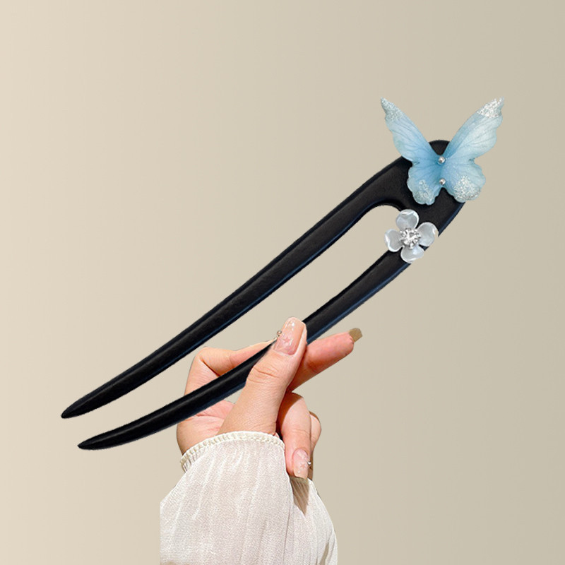 Accesorii pentru cap: agrafă de păr în formă de U, motif floare de fluture, stil retro, materiale mixte.