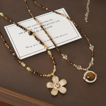 Colier cu piatră ochi de tigru, șir de mărgele – design geometric, țesut, stil ușor lux, Toamna 2025