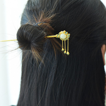 Agrafă de păr cu design floral în stil etnic, cupru, incrustare cu aur