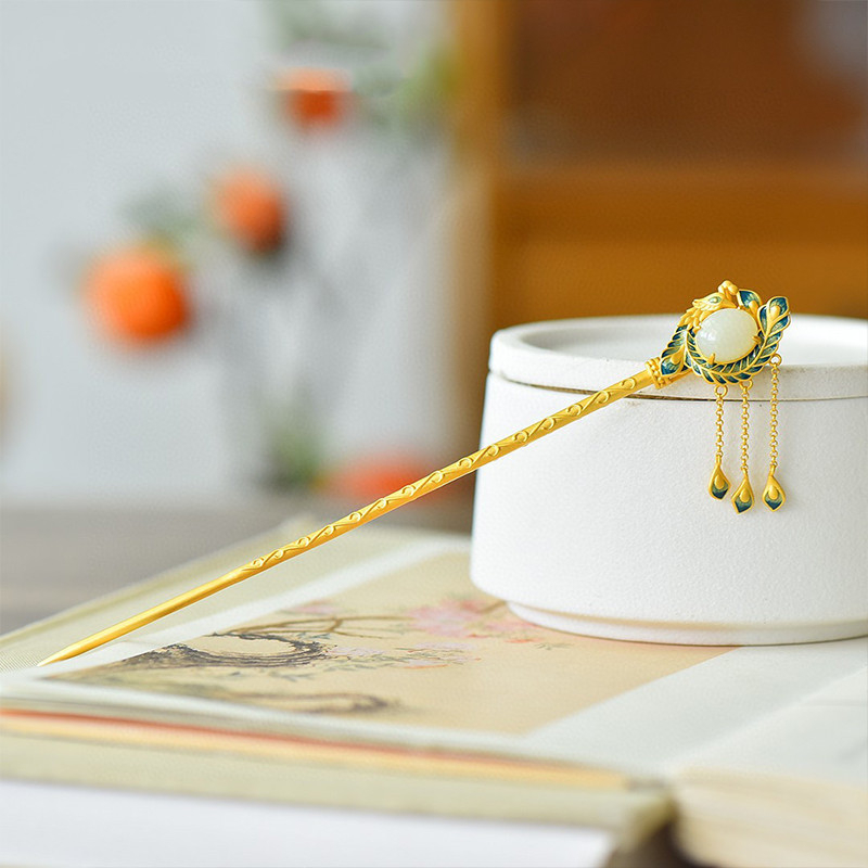 Agrafă de păr cu design floral în stil etnic, cupru, incrustare cu aur