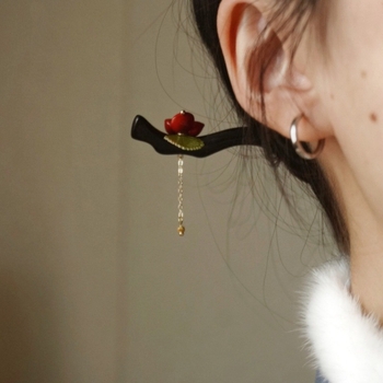 Yingbao Clește de păr disc din lemn, stil retro, cu design de fasole roșie — accesorii Hanfu, ambalaj separat