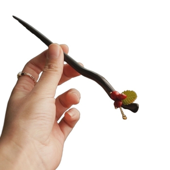 Yingbao Clește de păr disc din lemn, stil retro, cu design de fasole roșie — accesorii Hanfu, ambalaj separat