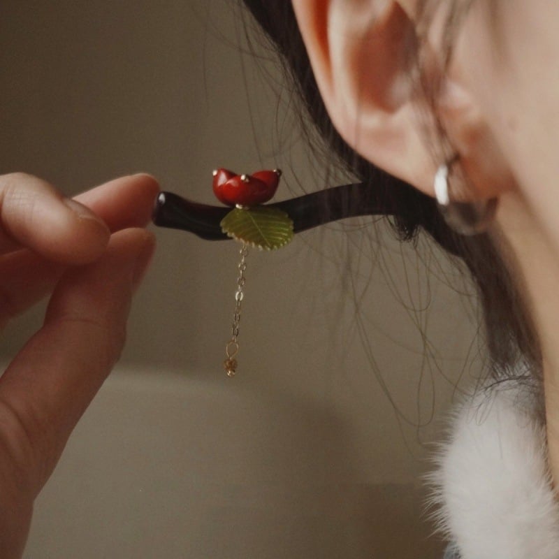 Yingbao Clește de păr disc din lemn, stil retro, cu design de fasole roșie — accesorii Hanfu, ambalaj separat