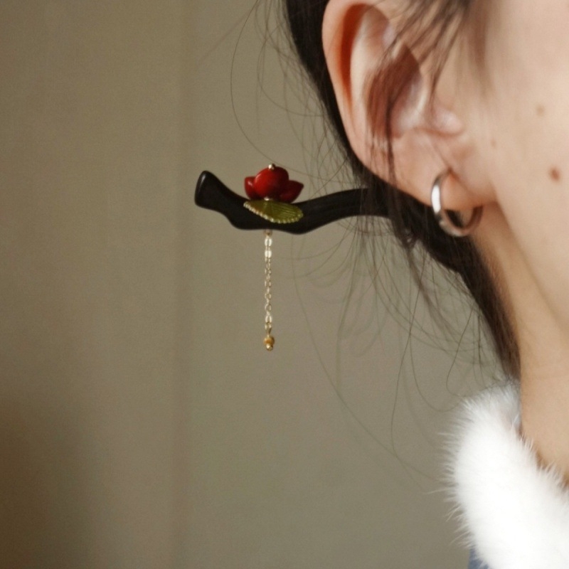 Yingbao Clește de păr disc din lemn, stil retro, cu design de fasole roșie — accesorii Hanfu, ambalaj separat