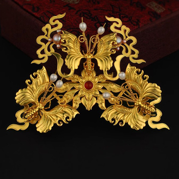 Réz Hanfu hajdísz moly motívumokkal és pillangókkal, vintage uniszex stílus, elektroplattolt befejezés, masni-stílus