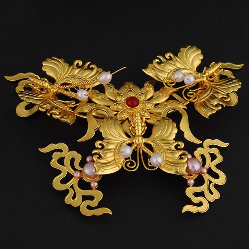 Réz Hanfu hajdísz moly motívumokkal és pillangókkal, vintage uniszex stílus, elektroplattolt befejezés, masni-stílus