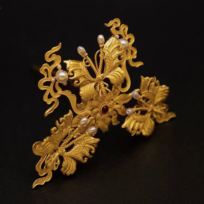 Réz Hanfu hajdísz moly motívumokkal és pillangókkal, vintage uniszex stílus, elektroplattolt befejezés, masni-stílus