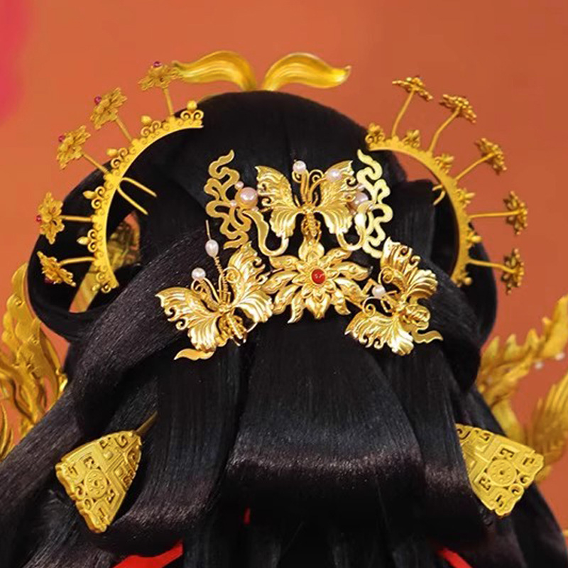 Réz Hanfu hajdísz moly motívumokkal és pillangókkal, vintage uniszex stílus, elektroplattolt befejezés, masni-stílus