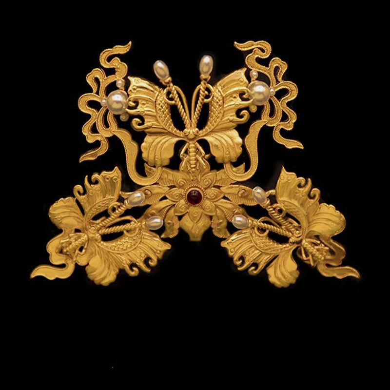 Réz Hanfu hajdísz moly motívumokkal és pillangókkal, vintage uniszex stílus, elektroplattolt befejezés, masni-stílus