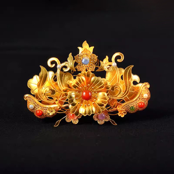 Réz hajdísz Hanfu-hoz, gyöngyökkel és filigrán koronával, ősi stílusú fejfedő