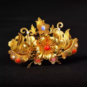 Réz hajdísz Hanfu-hoz, gyöngyökkel és filigrán koronával, ősi stílusú fejfedő