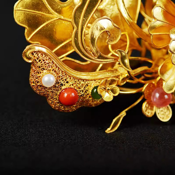 Réz hajdísz Hanfu-hoz, gyöngyökkel és filigrán koronával, ősi stílusú fejfedő