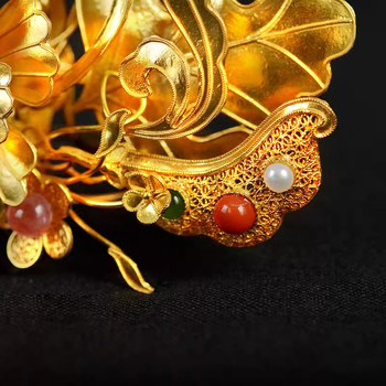 Réz hajdísz Hanfu-hoz, gyöngyökkel és filigrán koronával, ősi stílusú fejfedő