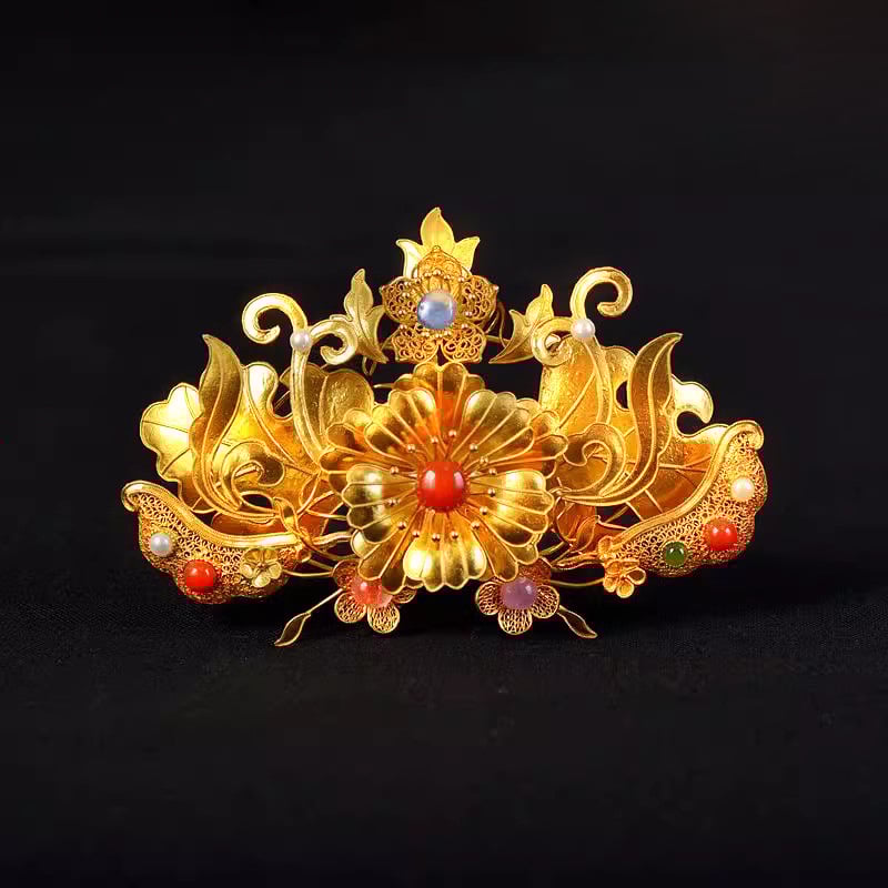 Réz hajdísz Hanfu-hoz, gyöngyökkel és filigrán koronával, ősi stílusú fejfedő