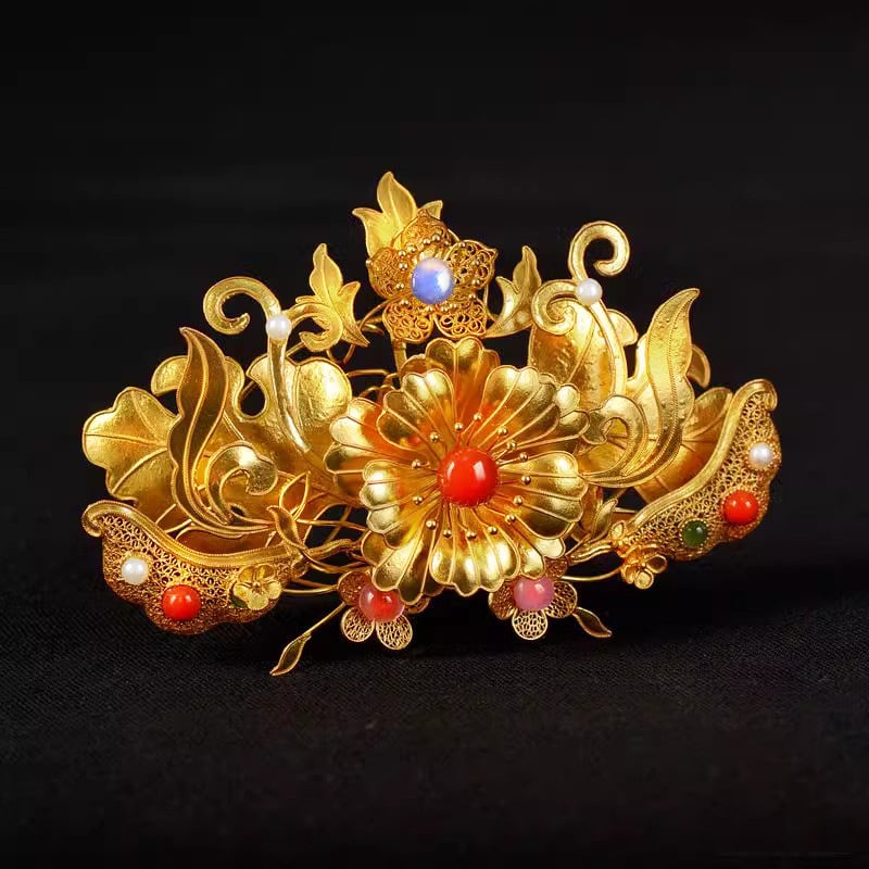 Réz hajdísz Hanfu-hoz, gyöngyökkel és filigrán koronával, ősi stílusú fejfedő